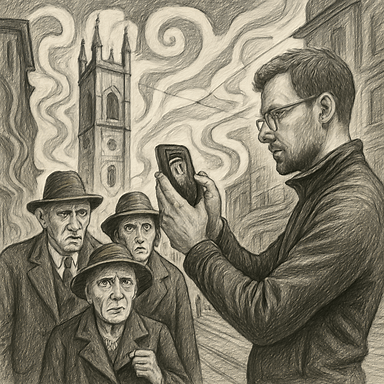 Man holding a mobile phone in a 1930s city street