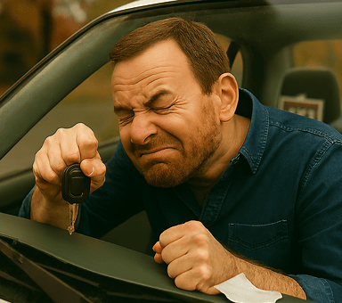 Man lloking out of car window holding car keys
