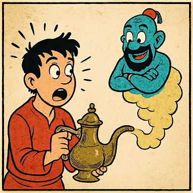 boy holding a coffee pot with genie coming from its spout