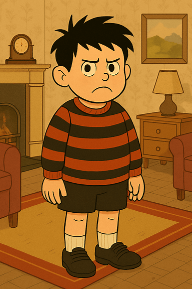 cartoon boy in red and black hooped jumper lookinglike Dennis the Menace