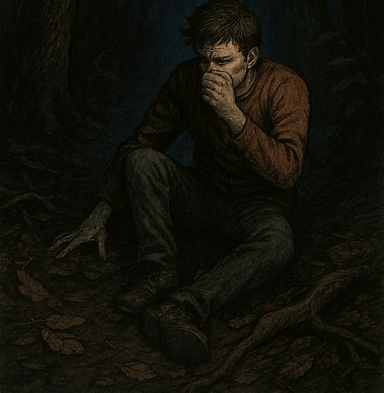 Man hiding in the darkness of a wood