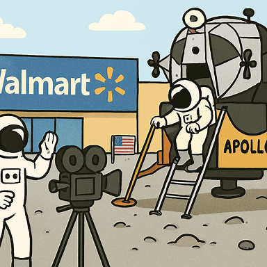 Cartoon of first moon landing filmed in Walmart parking lot