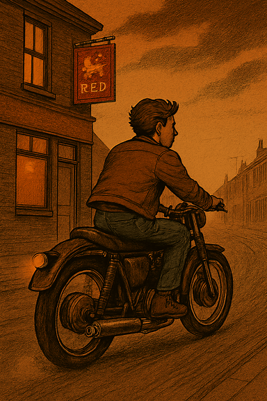 Drawing teenager on a motorbike driving away from a pub