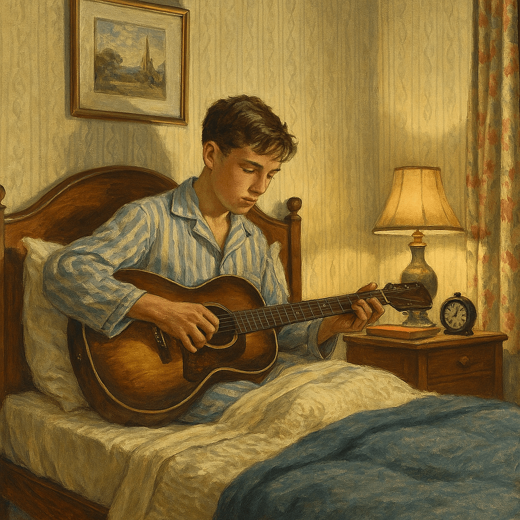 Teenager in pyjamas sits up in bed playing a guitar