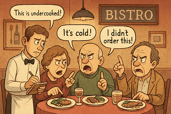 Cartoon: customers in a restaurant complaining about their meals