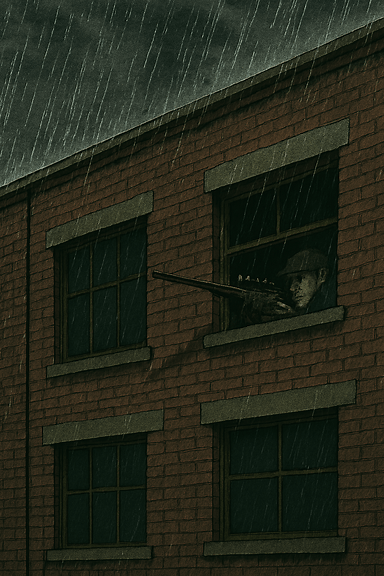 Drawing of a sniper with a rifle at a window