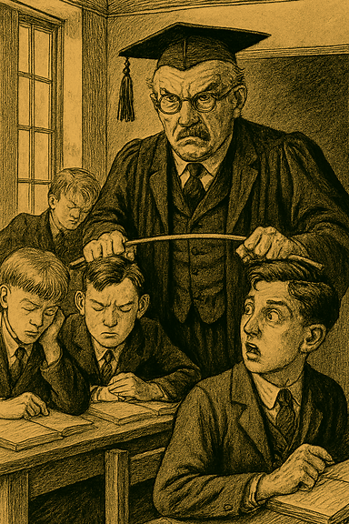 Cartoon English schoolmaster in cap and gown flexes his cane in a classroom of boys