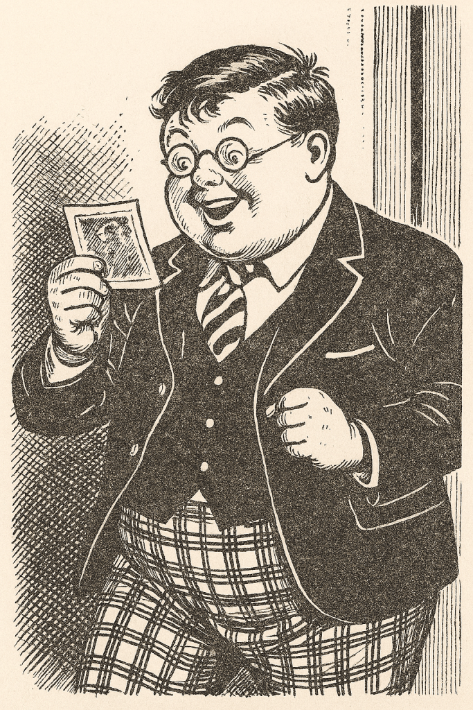 The comic hero Billy Bunter stares in wonderment at a photograph