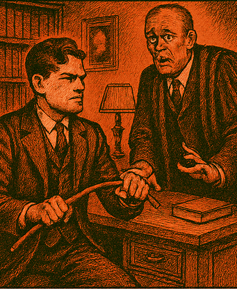 Drawing. A young man flexes a school cane and threatens a schoolmaster with it