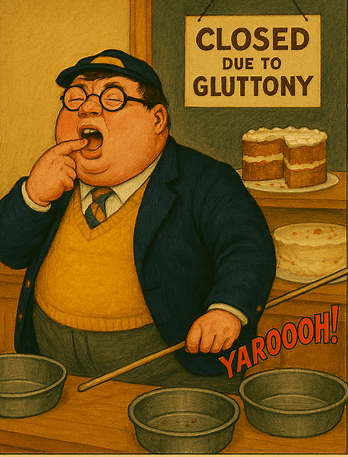 Cartoon. Comic hero Billy Bunter in a cake shop