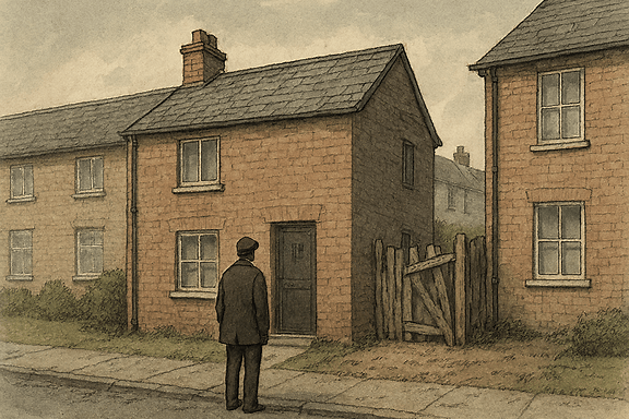 Drawing of man standing alone outside a house