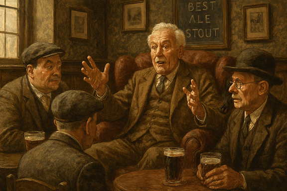 Man in pub telling his companions a yarn