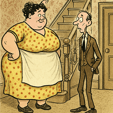 Cartoon: a fat lady and a thin man stand at the bottom of stairs at their home