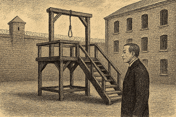 Drawing. Hangman in prison yard looking at a noose on a scaffold