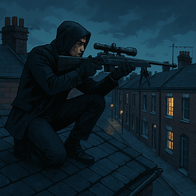 Drawing - an assassin on a rooftop aiming a rifle