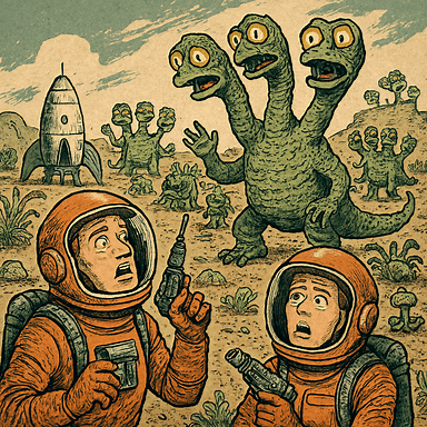 Cartoon of space travellers on a lonely planet with three-headed monsters.
