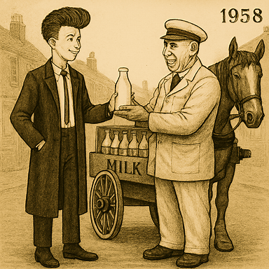 Drawing. Teddy Boy in 1958 buying a bottle of milk from a milkman with his cart