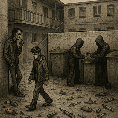 Broken bottles in courtyard of building