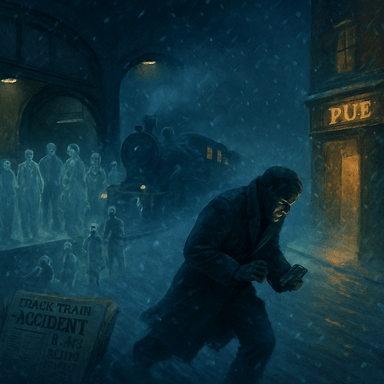 spooky picture of man rushing to catch the last train