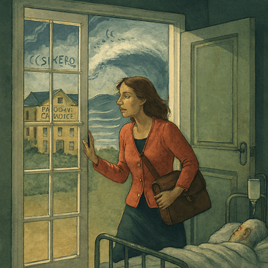 A woman looks out a window at the gathering storm