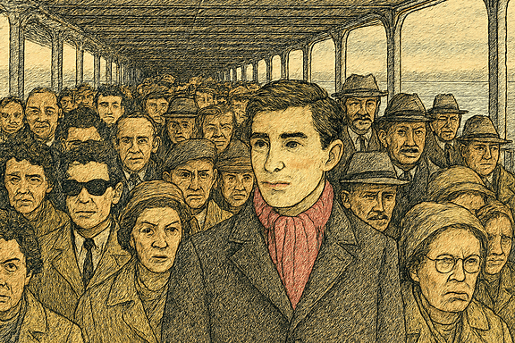 A man in a crowd on a ferry boat