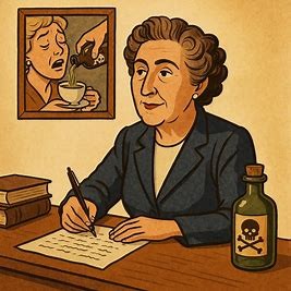 Middle-aged woman from 1930s writing with a pen with a bottle of poison on the desk